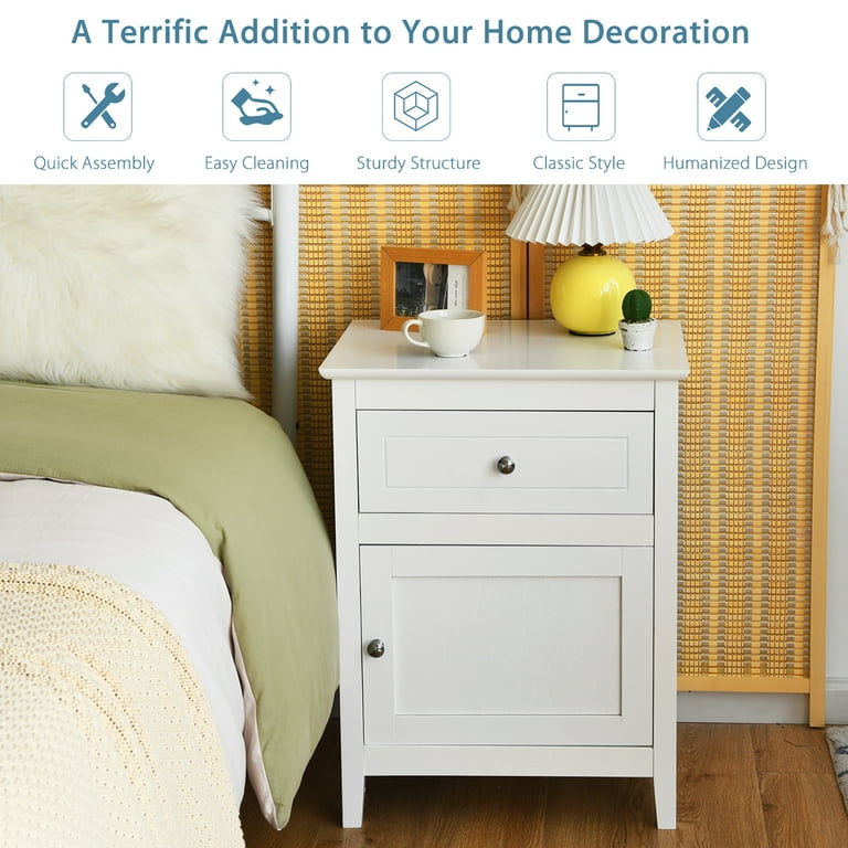 Costway Nightstand Accent Side End Table Storage Cabinet w Drawer White