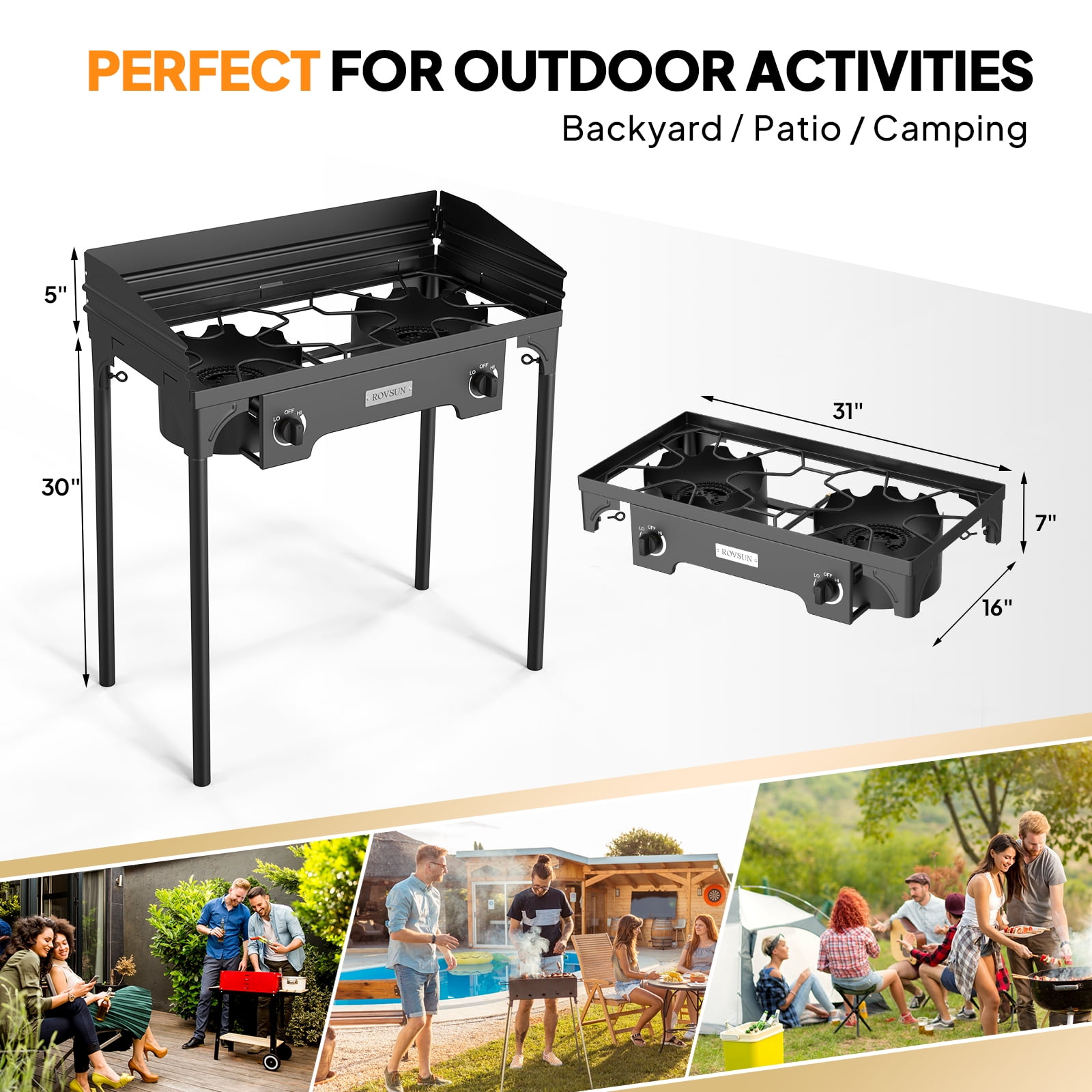 ROVSUN 2 Burner Outdoor Propane Gas Stove with Windscreen, 150,000 BTU High Pressure Stand Cooker for Backyard Cooking Camping Home Brewing Canning Turkey Frying, 20 PSI Regulator
