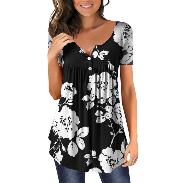 Gibobby Blusas Elegantes Para Mujer Camiseta plisada con estampado de flores y cuello de botones de manga corta para mujer, camiseta informal con ajuste floral, camiseta, blusa(Blanco, XXL)