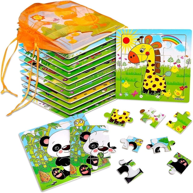 Paquete de 12 rompecabezas para niños pequeños Rompecabezas de animales de madera 9 piezas con 12 bolsas organizadas para niños de 2 3 4 5 años Rompecabezas educativos preescolares