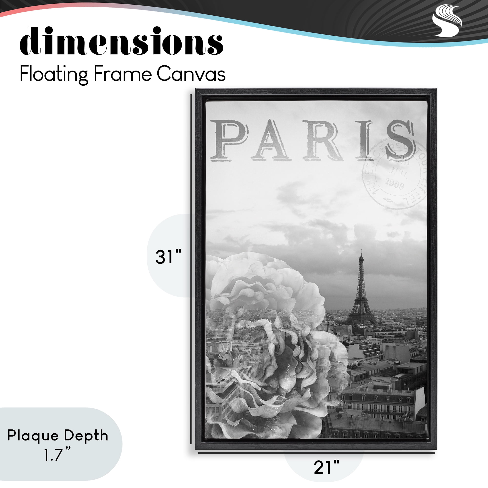 Stupell Industries Paris Postcard in Monochrome Black Framed Floater Canvas Wall Art, design by Emily Navas