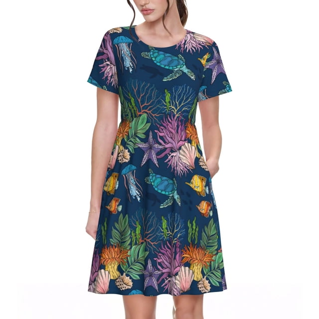 Bixox Robe d'Été à Manches Courtes pour Femmes Robe Ample Longueur Genou avec Poches-Animaux sous-Marins