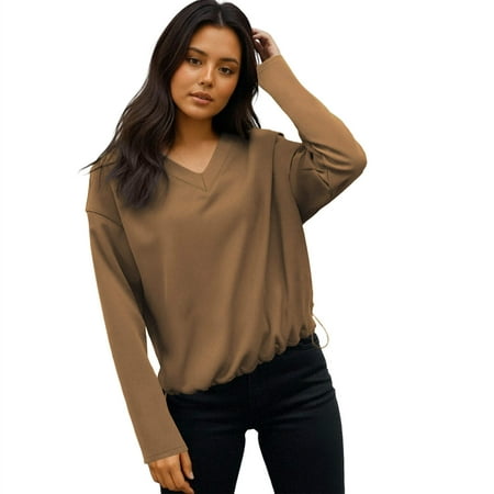 JGGSPWM Long Sleeve Shirts for Women Casual Solid Color V Neck Fall Tops Basic Tunic Tops Loose Fit Dressy Yellow XXL