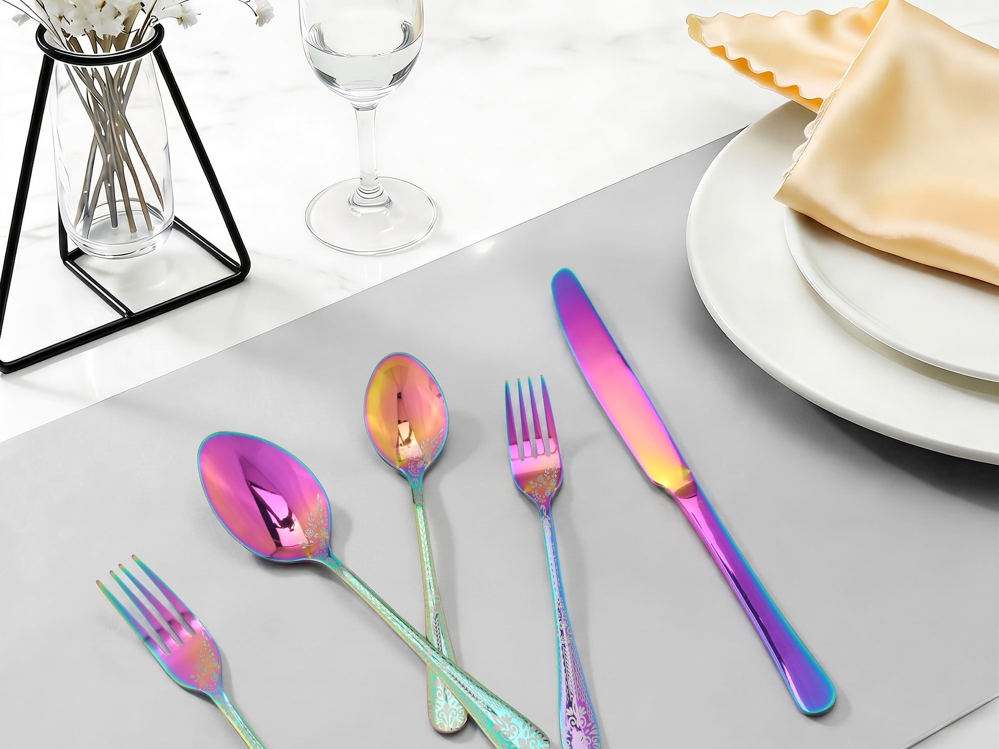 Unique Bargains 20 Piece Floral Stainless Steel Flatware Set for 4 Modern Cutlery Colorful
