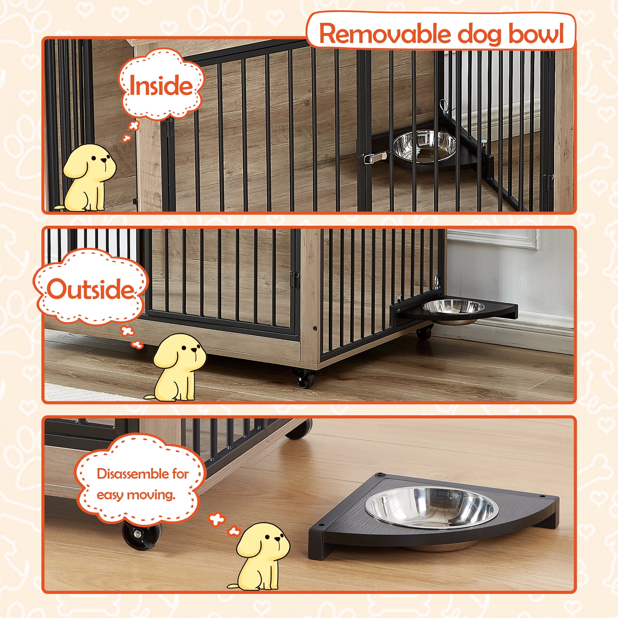 Pefilos 43" Furniture Style Dog Crate with Rotatable Feeding Bowl, Wheels, Three Doors Kennel, Indoor Dog Cage Flip-Up Top Opening, Gray Pefilos 43" Furniture Style Dog Crate with Rotatable Feeding Bowl, Wheels, Three Doors Kennel, Indoor Dog Cage Flip-Up Top Opening, Gray