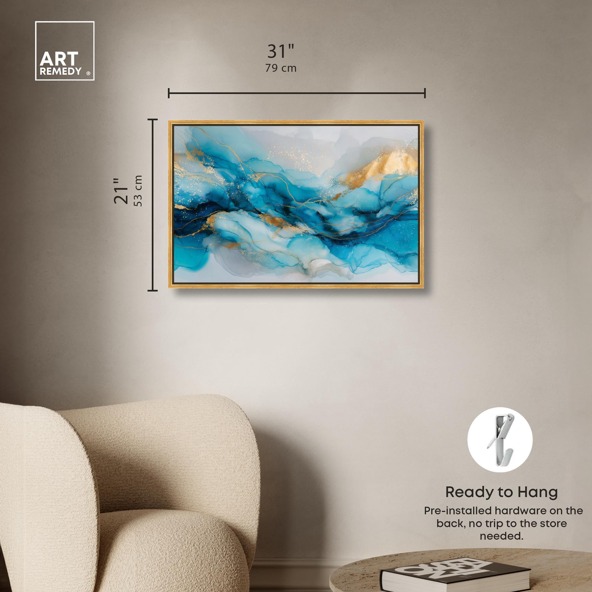 Ethereal Blue and Gold Canvas Abstract Wall Art by Art Remedy, Gold Frame, 30 x 20