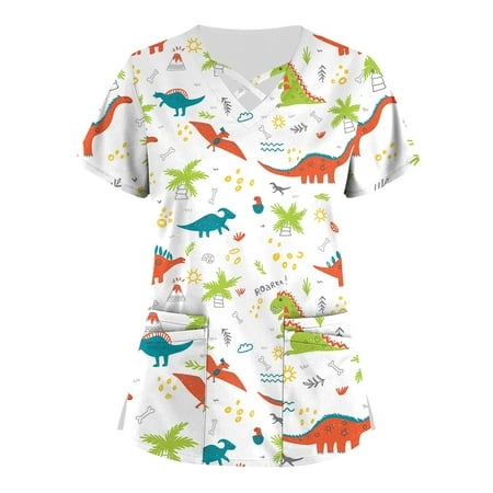 

KSCYKKKD Womens Shirts Plus Size Cute Printed Scrub Working Uniform Tops For Women Cross V-Neck Short Sleeve Fun T-Shirts Workwear Tee With Pockets White S