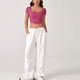 thumbnail image 5 of Camisa corta para mujer, cuello bajo, manga corta, dobladillo curvo, top ajustado, camisa de verano de color puro, rosa rojo L, 5 of 8