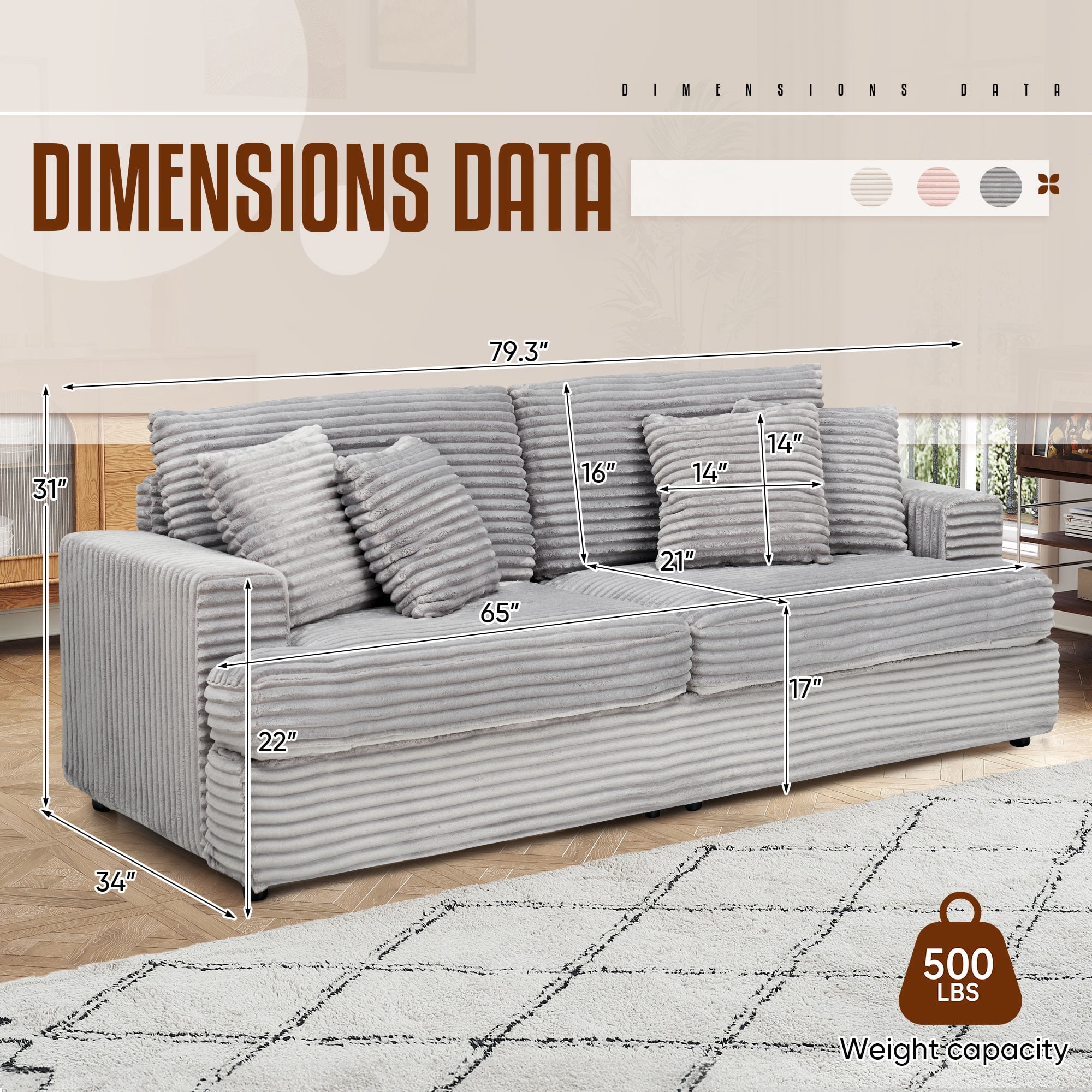 Dinosisco Corduroy Loveseat Sofa, Upholstered 3-Seater Sleeper Couch for Living Room, Gray