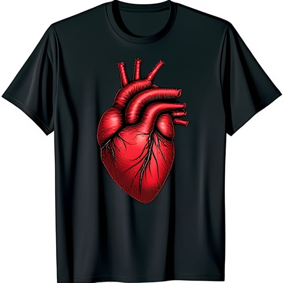 Stylized Red Human Heart Graphic Black T-Shirt Anatomical Design for Lovers