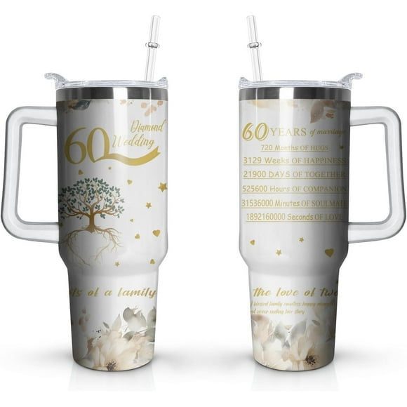 Cadeaux de 60e Mariage Gobelets d'Anniversaire, Gobelets de Mariage Diamant 60e Anniversaire, Gobelet 60e Anniversaire pour Couple Parents Amis, Gobelet en Acier Inoxydable 40 Oz avec Poignée et Paille (1 Pce)