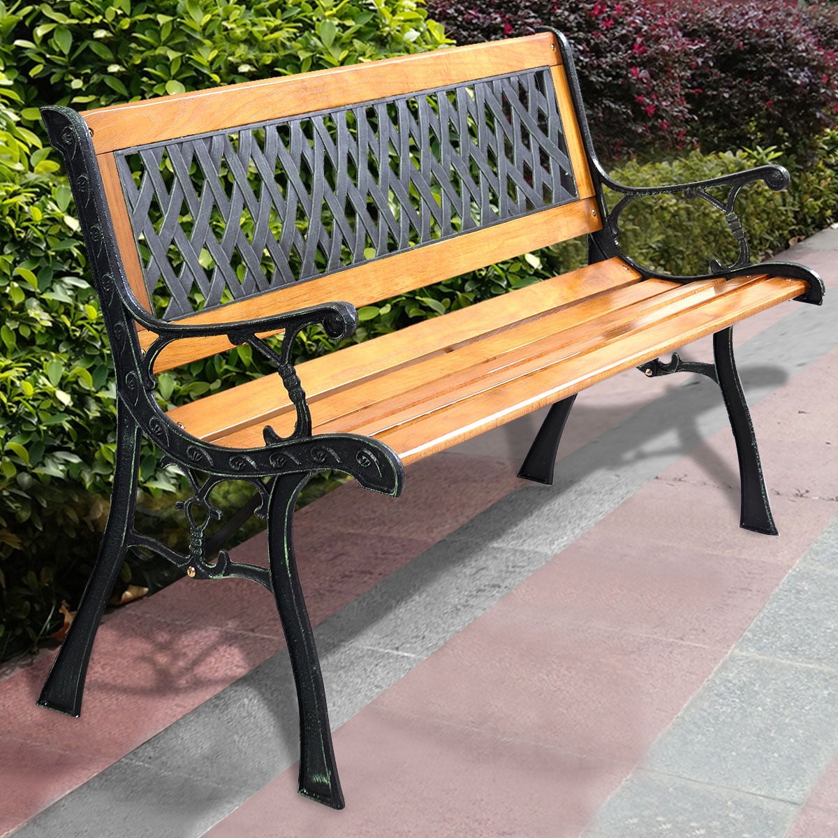 Costway 49 1 2'' Patio Park Garden Bench Porch Path Chair Outdoor Deck Cast Iron Hardwood by Costway