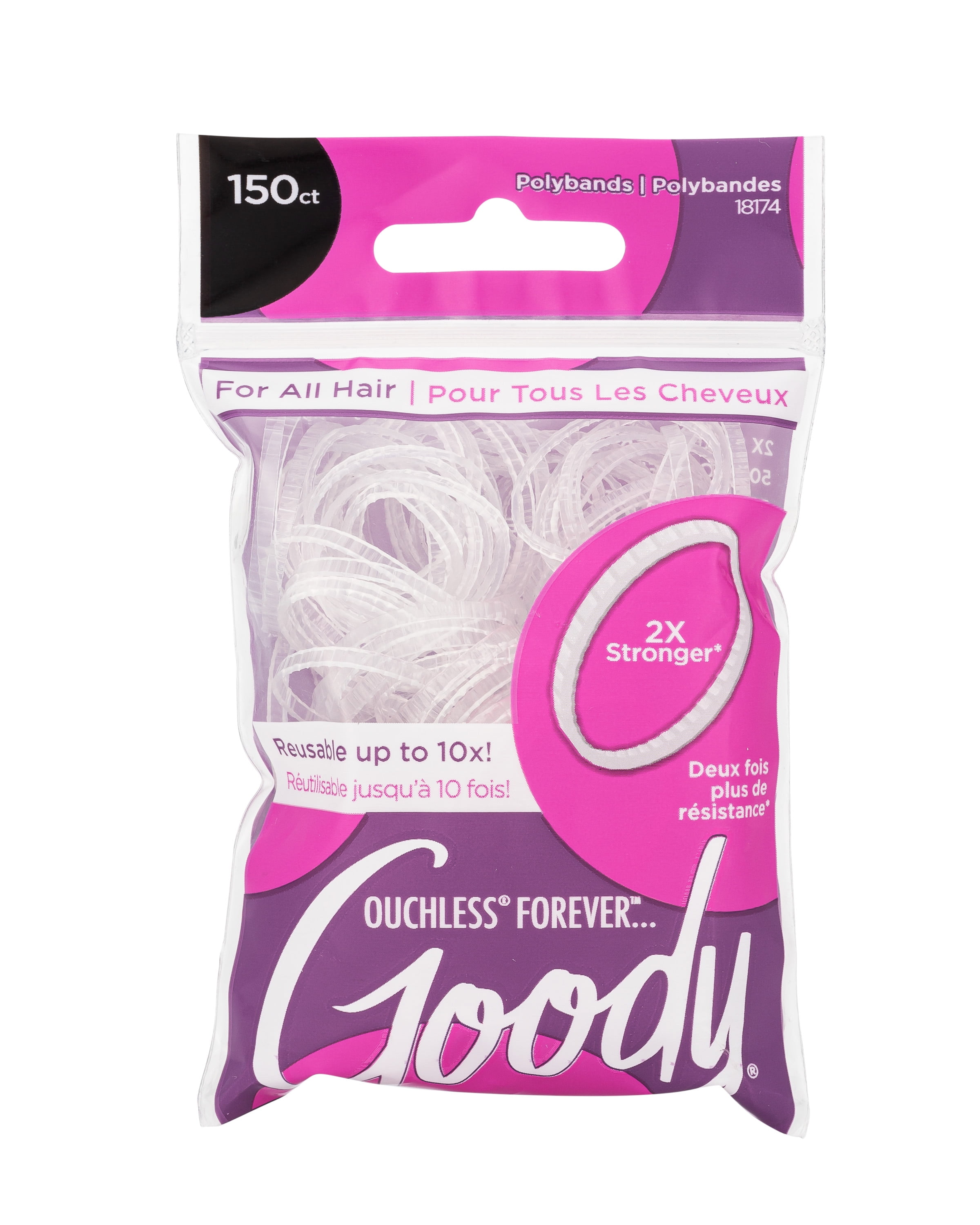 (2 pack) Goody Ouchless Forever Polyband Hair Ties, Clear Elastic Bands, All Hair Types, 150 Ct