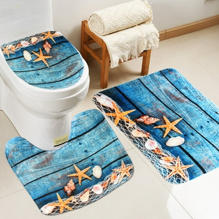 Cover Door Lid - 3Pcs Non-Slip Blue Ocean Starfish Pattern Bathroom Set Toilet Lid Cover + Pedestal Rug + Floor Mat Doormat Christmas Gift