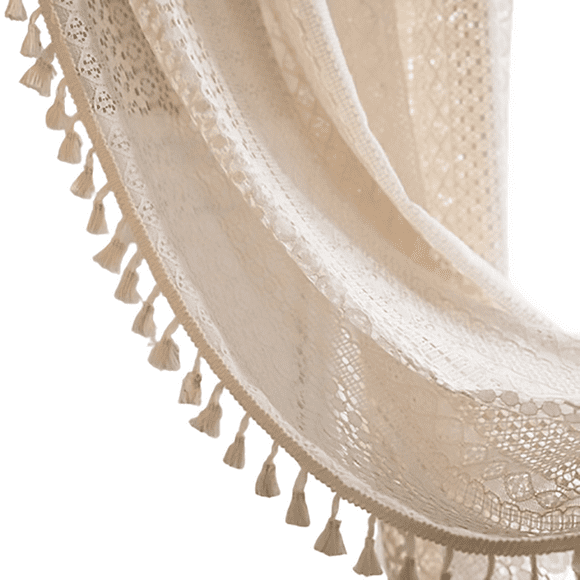 Cotton Blend Bohemian Curtains, Boho Tassel Macrame Openworked Lace Light Filtering Vintage Rod Pocket, Set of 2, Ideal for Bedroom Living Room Bathroom Wedding Stage Decorations,