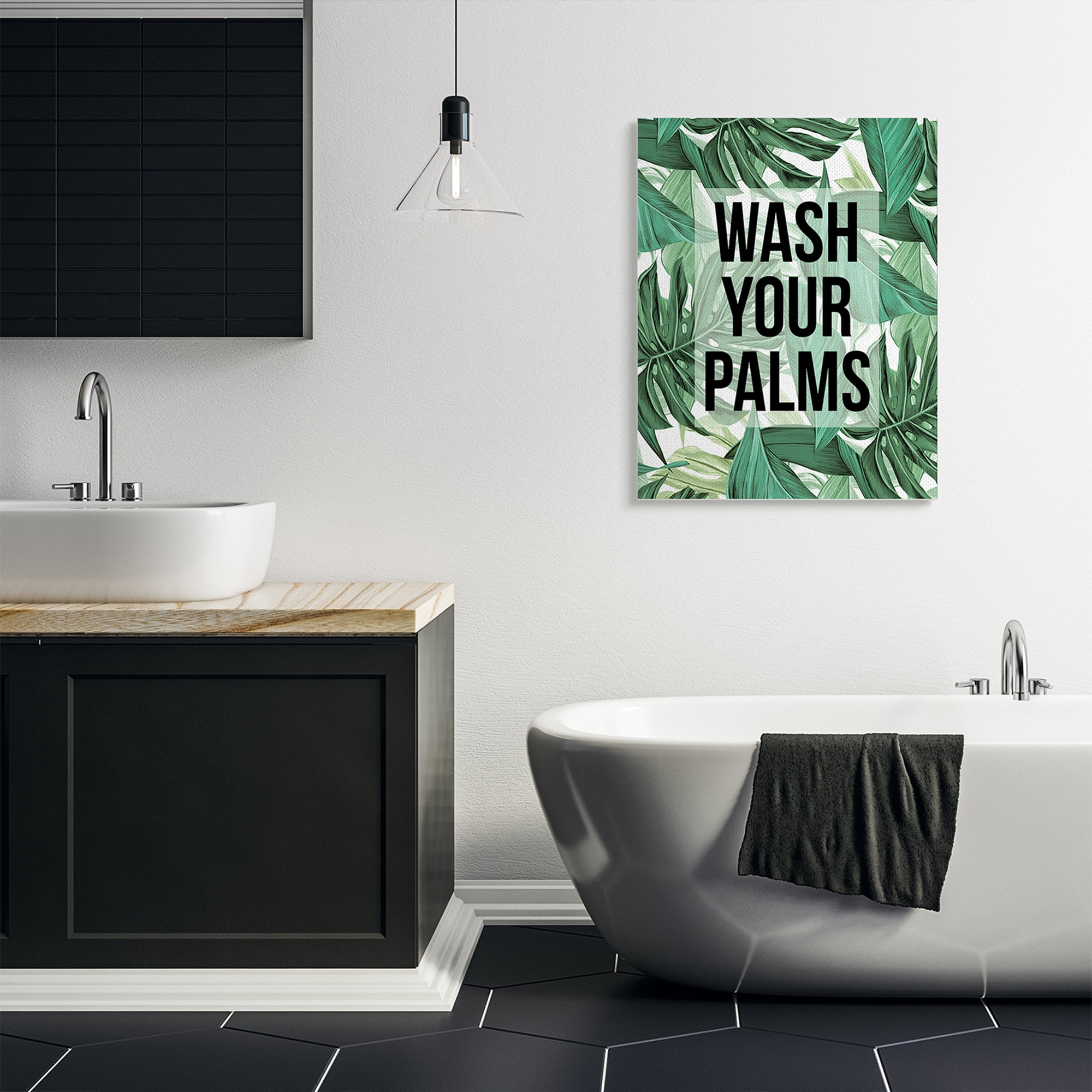 Stupell Industries Wash Your Palms Bathroom Phrase Green Plant Leaves Inspirational Painting Gallery Wrapped Canvas Art Print Wall Art, 30 x 40