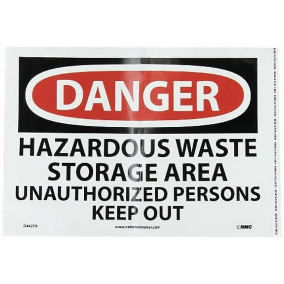 NMC D442PB DANGER - HAZARDOUS WASTE STORAGE AREA UNAUTHORIZED PERSONS KEEP OUT Sign - 14 in. x 10 in. PS Vinyl Danger Signage, Black/White on White/Red