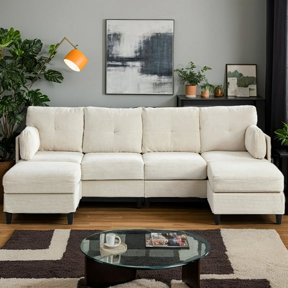 MUZZ U Shaped Sectional Sofa, 6-Seats Sofa with Chaises, Corduroy Sofa for Living Room -  Beige
