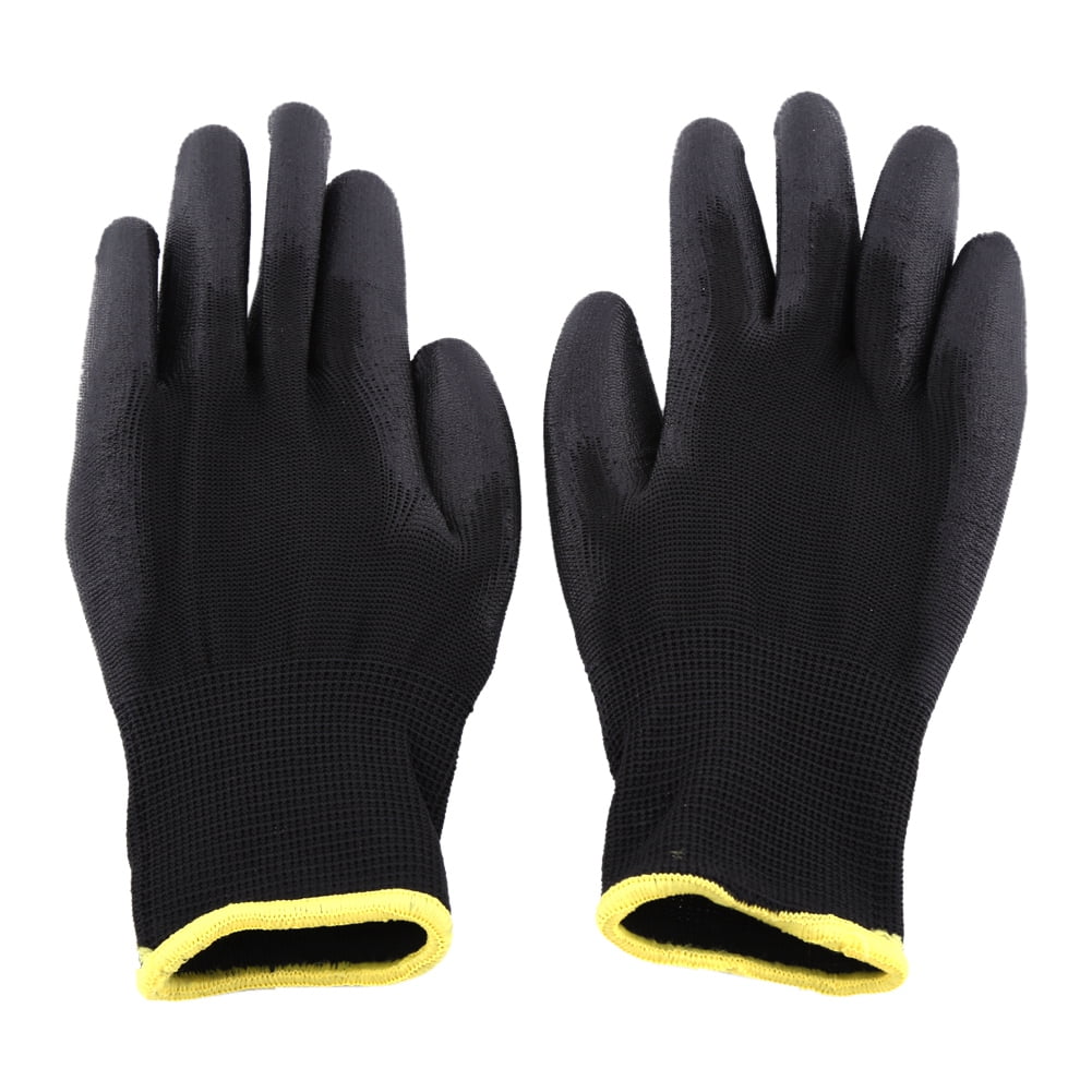 12 Pairs PU Palm & Finger Coated Flex Black Nylon Work Mechanics Gloves EN388 