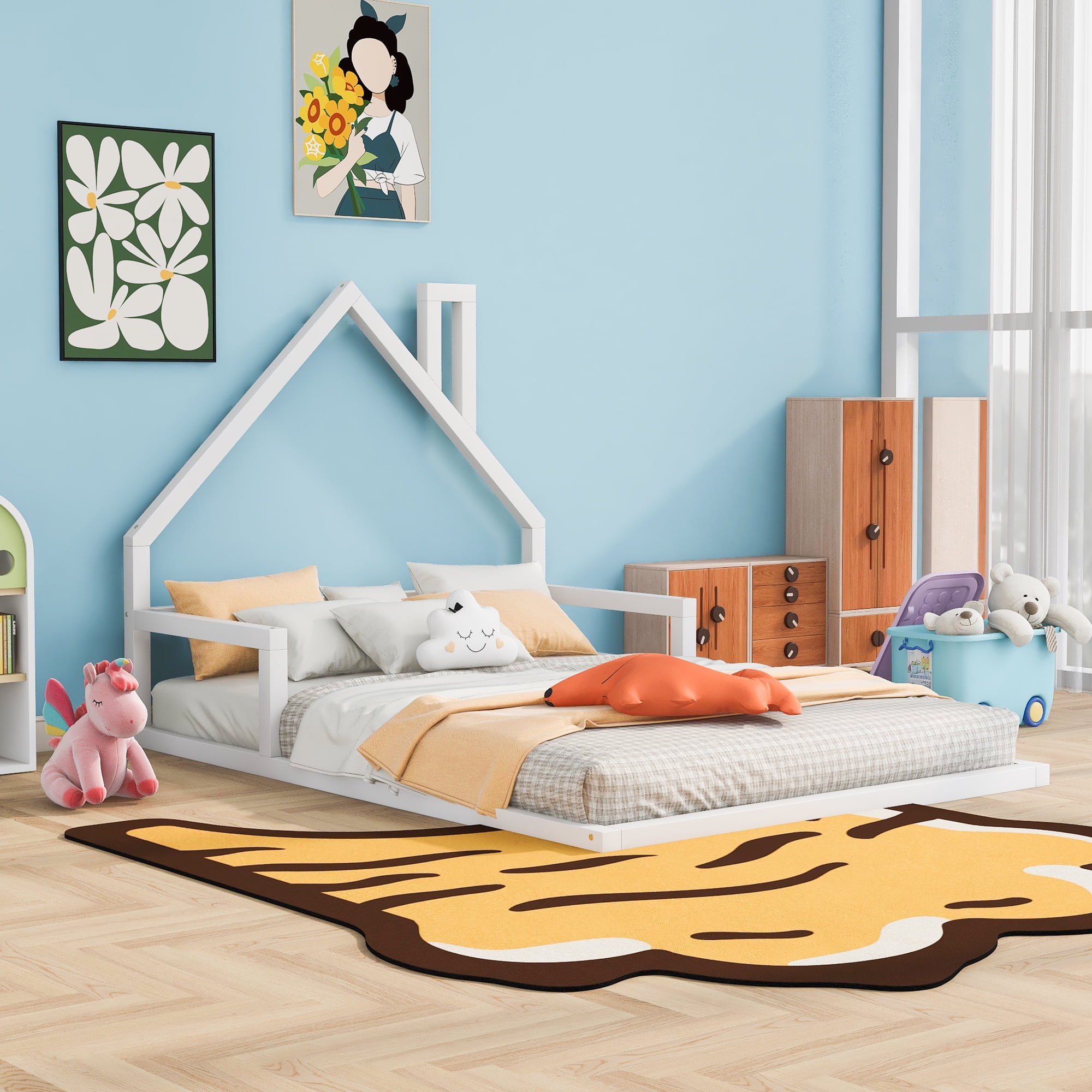Euroco Full Size Wood Floor Bed for Kids Room, White