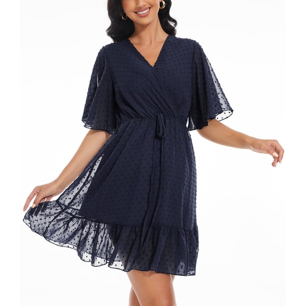 MLANM Women Summer Bohemian Leopard Print Casual V Neck Ruffle A-Line Mini Dress with Belt, L Navy - Walmart Business Supplies MLANM Women Summer Bohemian Leopard Print Casual V Neck Ruffle A-Line Mini Dress with Belt, L Navy - Walmart Business Supplies