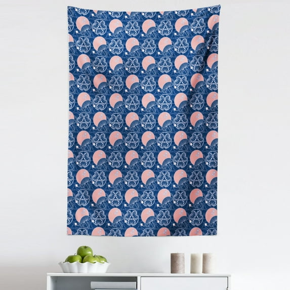 Japanese Tapestry, Oriental Flowers Classic Swirled Motifs Far East Culture Inspirations, Fabric Wall Hanging Decor for Bedroom Living Room Dorm, 5 Sizes, Navy Blue Blush, by Ambesonne