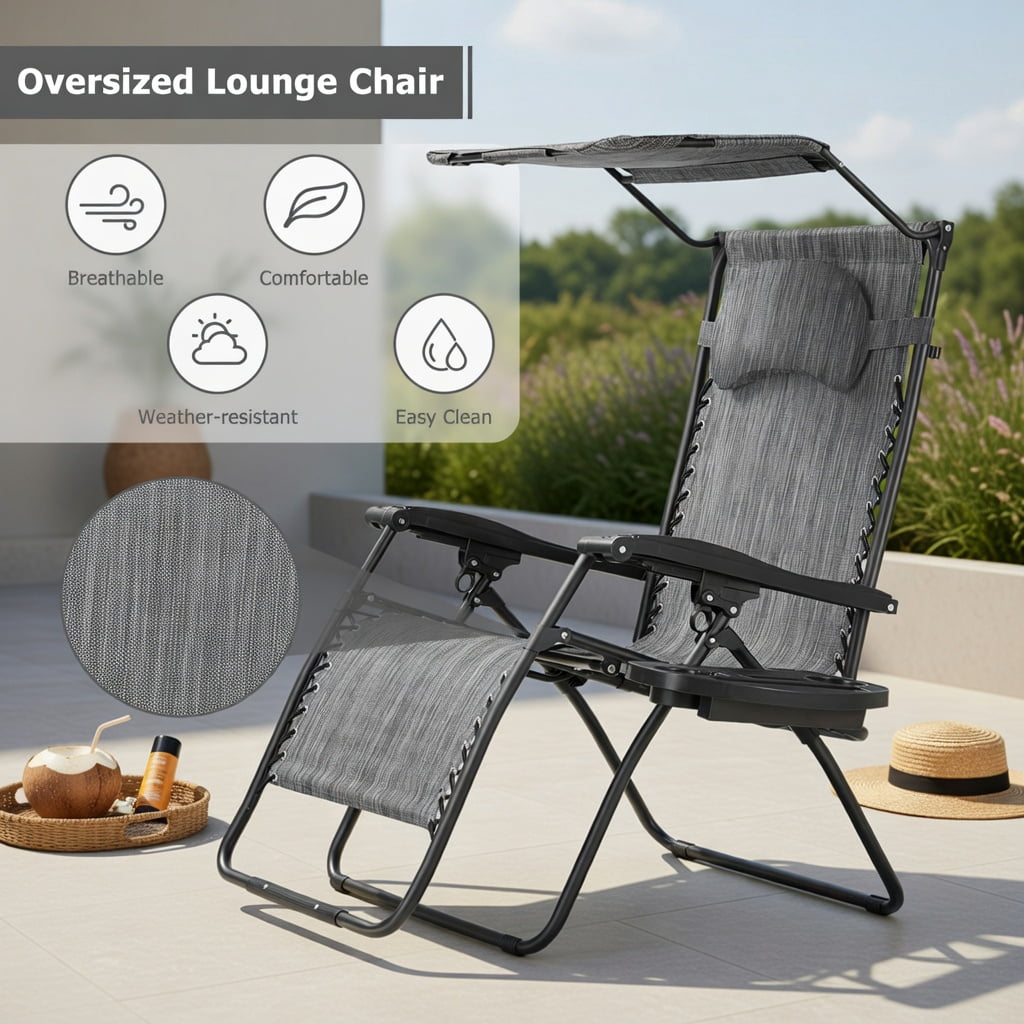 Hommoo Folding Reclining Lounge Chair with Adjustable UV-Protective Shade Canopy, Removable Cup Holder & Headrest, Gray