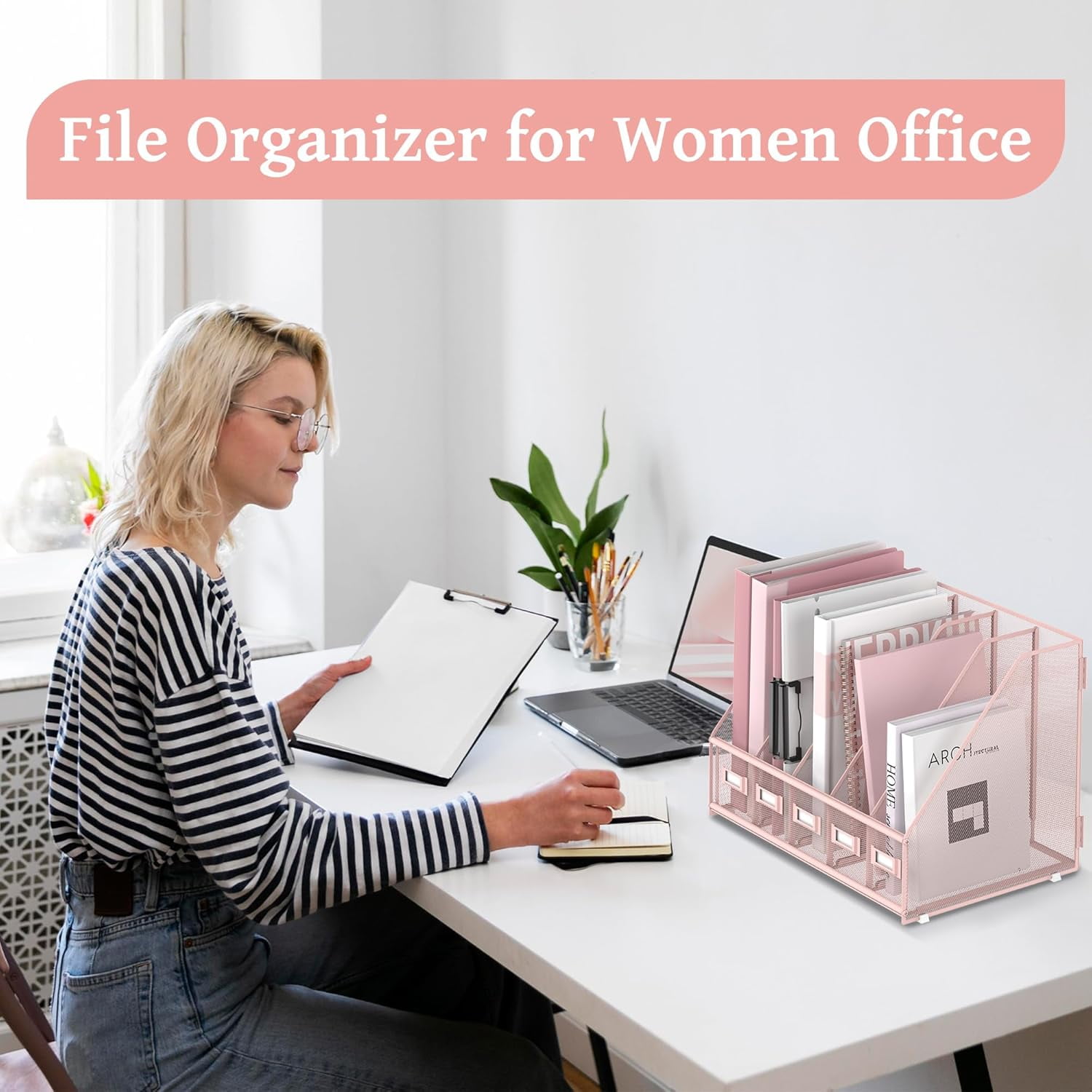 INTIGE Metal Mesh Desk Organizer Magazine File Rack with 5 Vertical Compartments, Pink, 1 Piece
