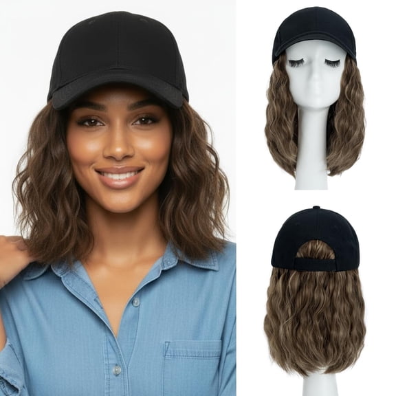 JOFMWIX JOFMWIXHAIR Hat Wig for Women Baseball Cap with Hair Extensions 8 Inch Synthetic Wavy Curly Adjustable Wig Hat with Attached Hair for Daily Wear, (10P22T, Medium Brown Mix Dark Blonde)