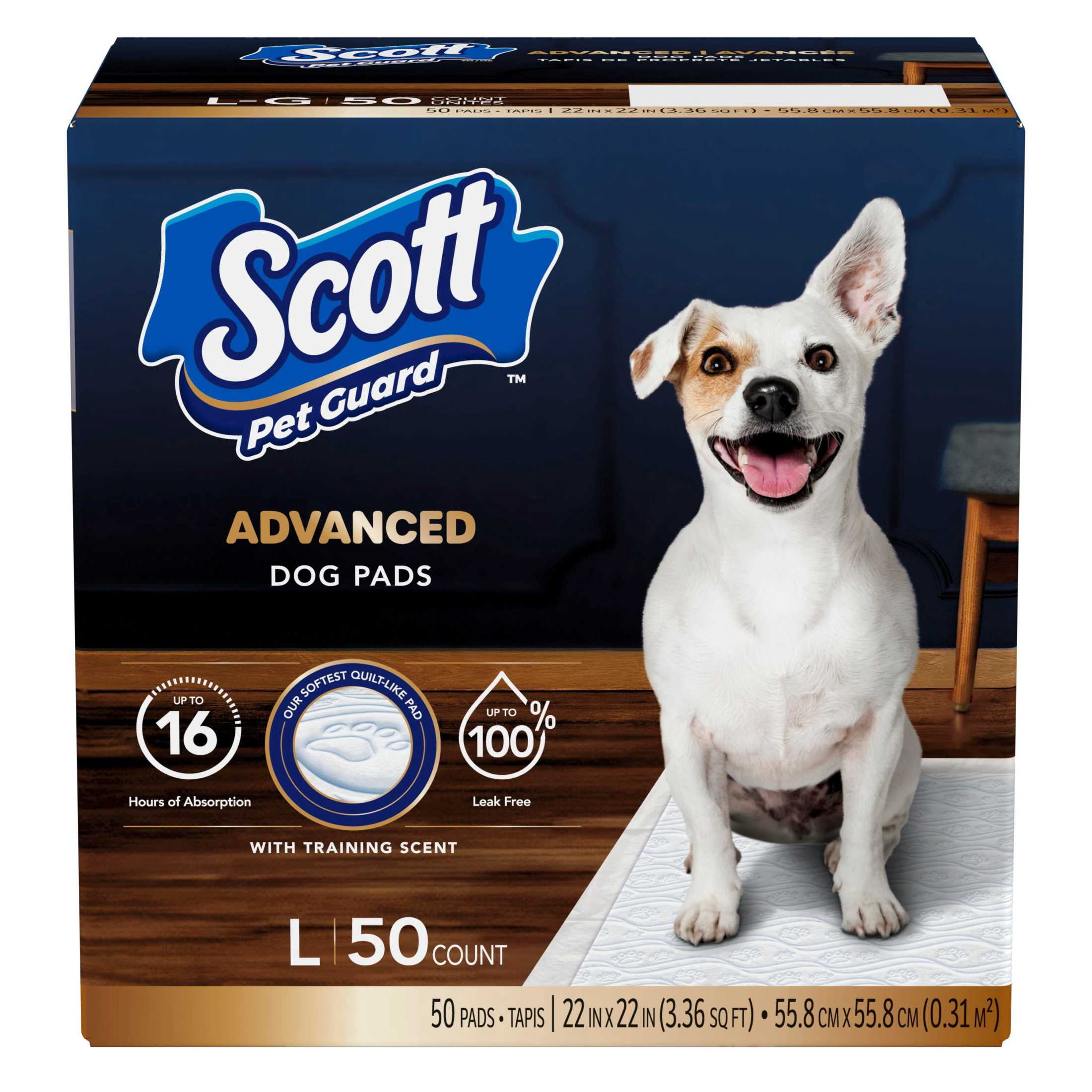 Scott Pet Guard Advanced Dog Pads - Dog Training Pee Pads for Puppies, Medium & Large Dogs - Up to 16 Hour Absorbency with Odor Control - Softest Quilted Dog Pee Pads - Large - 22" x 22" - 50 Pack