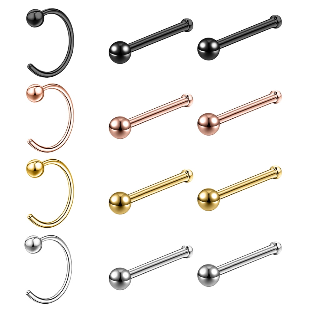 ZS 12Pcs/Set 20g Nose Ring Piercing Steel Ball Nostril Piercing Nose