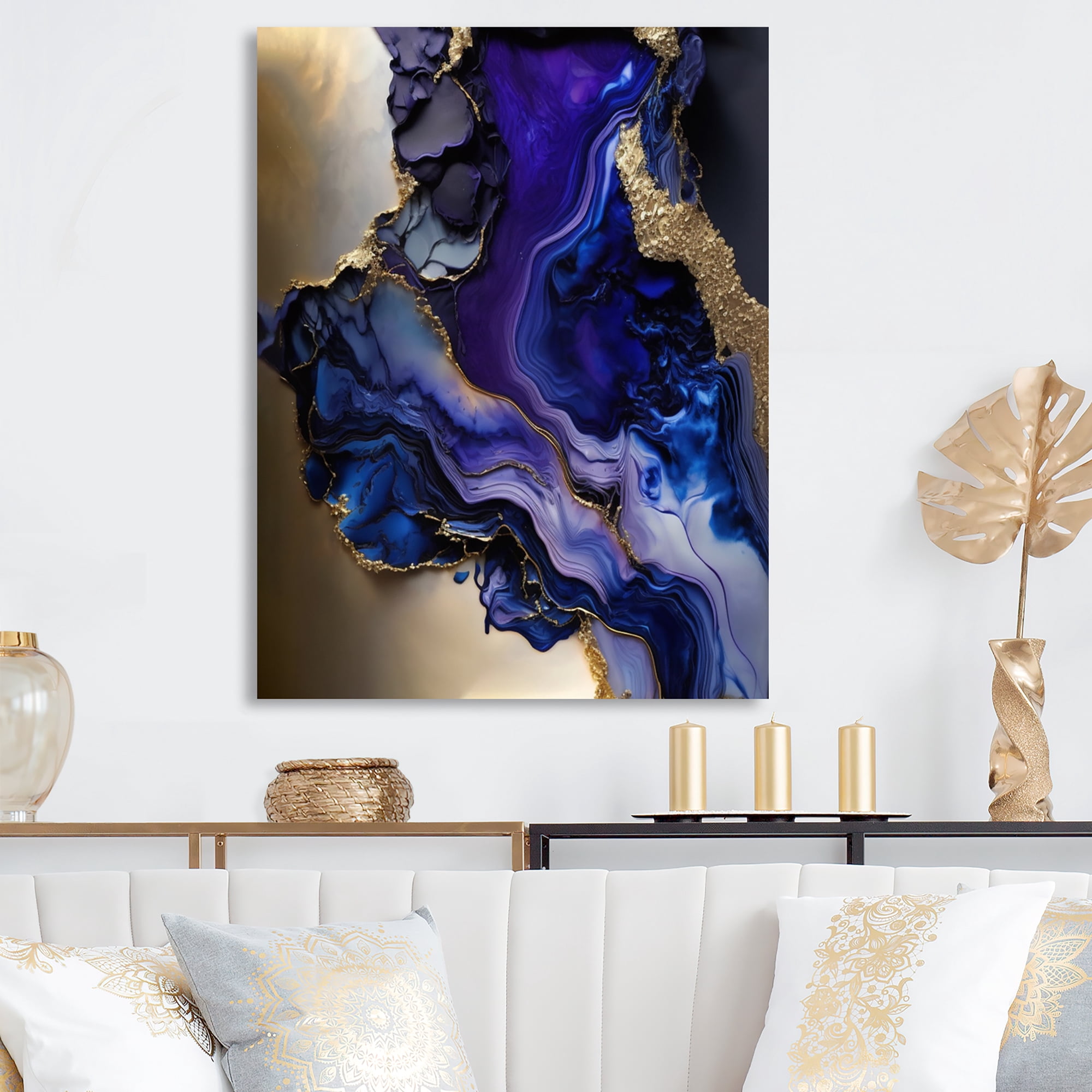 Designart Abstract Geode Gold And Purple Marble Canvas Wall Art