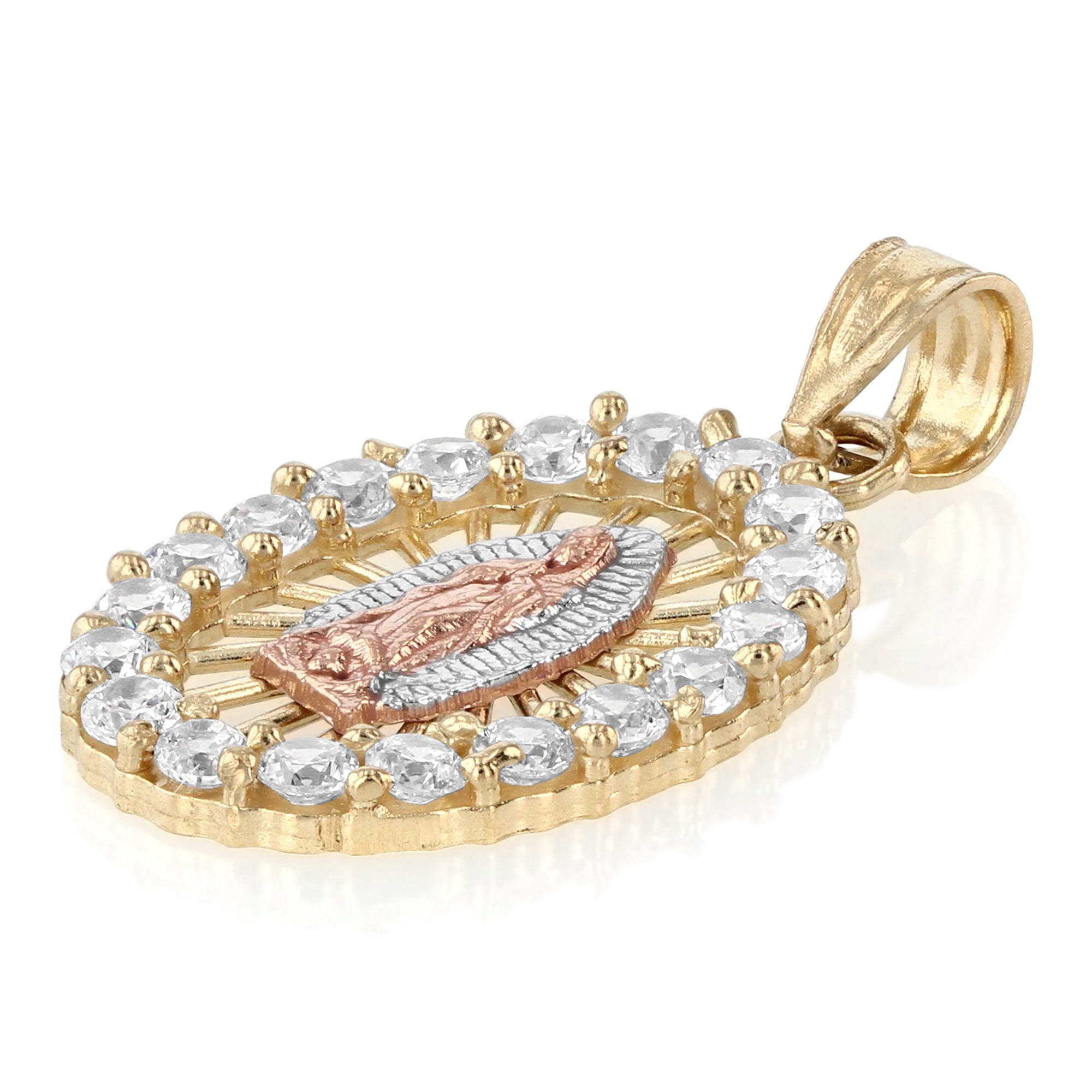 Ioka-14K Tri Color Gold Cubic Zirconia CZ Religious Our Lady of Guadalupe Charm Pendant For Necklace or Chain