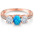 thumbnail image 3 of Gem Stone King 18K Rose Gold Plated Silver 3-Stone Ring Cabochon Simulated Opal Moissanite (1.75 Cttw), 3 of 6