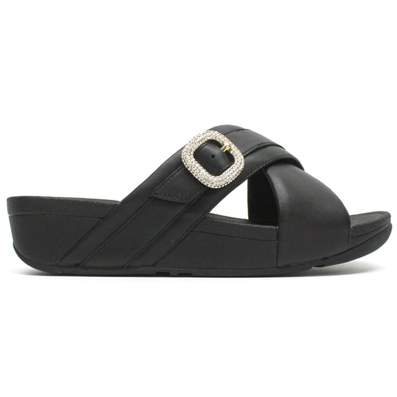 FitFlop Women's Lulu Crystal-Buckle Leather Cross Slide Sandals, Black