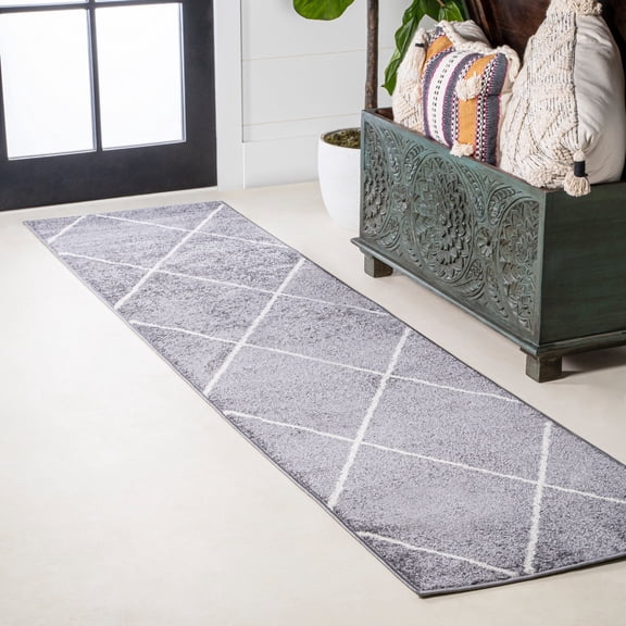 JONATHAN Y SUPERSOFT 2 x 8 Runner Rug, Cole Minimalist Diamond Trellis - Gray/White, SEU102F-28