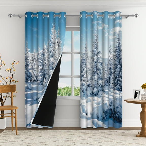 Aofoto Merry Christmas Winter Forest Window Curtain , Grommet Light Blocking Gray Ombre Window Drapes , 2 Panel , 52 x 84 Inch
