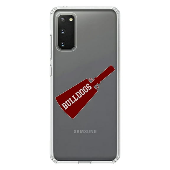 DistinctInk Clear Shockproof Hybrid Case for Galaxy S20 PLUS / 5G (6.7" Screen) - TPU Bumper, Acrylic Back, Tempered Glass Screen Protector - Bulldogs Cowbell - Maroon, Gray