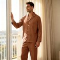 thumbnail image 6 of Mens Pajama Set Soft Long Sleeve Pajamas for Men Lightweight Button Up Sleepwear Lounge Pjs Outfits Light Brown XXL, 6 of 8