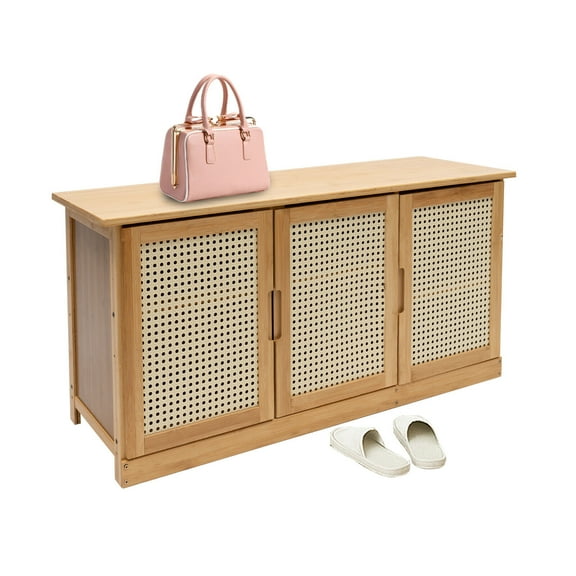 TFCFL Modern Shoe Storage Cabinet Bamboo Shoe Rack Shoes Changing Bench with Rattan Door for Entryway