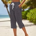 thumbnail image 2 of Women's Cotton Loose Straight Pants with Pockets, Mid Elastic Waist Drawstring, Side Slits Buttoned, Casual Business Beach Lounge Capri Pants | VerBelle,Black L, 2 of 7