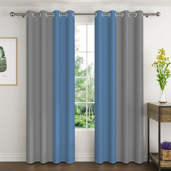 Lfeey Gray Blue Blackout Curtains 63 Inches Long, Room Darkening Grommet Curtains, 2 Panels