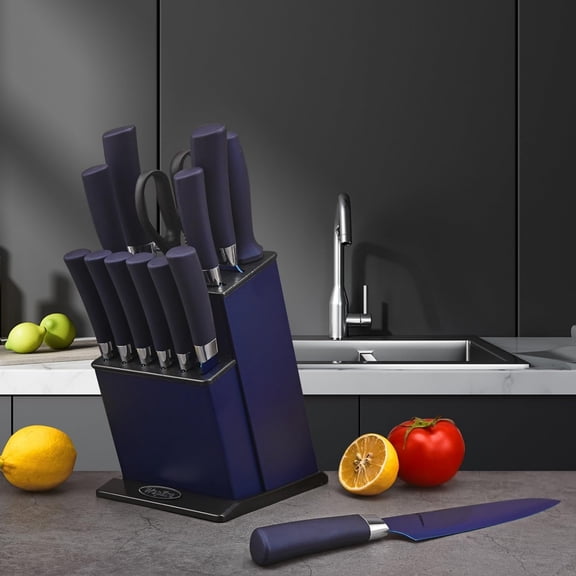 14-Piece Kitchen Knife Set with Aluminum Block, High Carbon Stainless Steel Non-Stick Blades, Blue Handle & Blade, Includes Chef Carving Bread Paring Utility Steak Knives & Sharpener