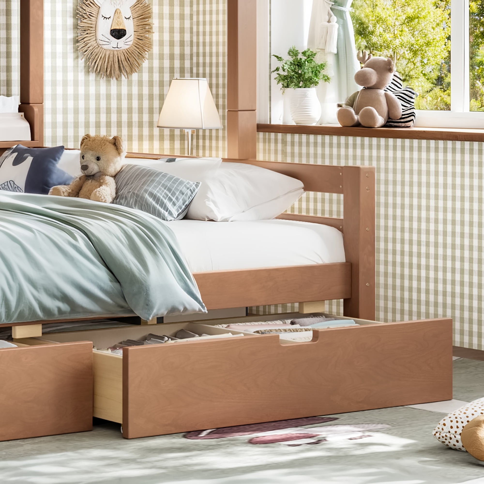 Leumius Twin over Full Bunk Bed with Storage Drawers, Chic Curved Guardrail & Side Storage Shelves, Bunk Bed Frame with Ladder Deep Natural