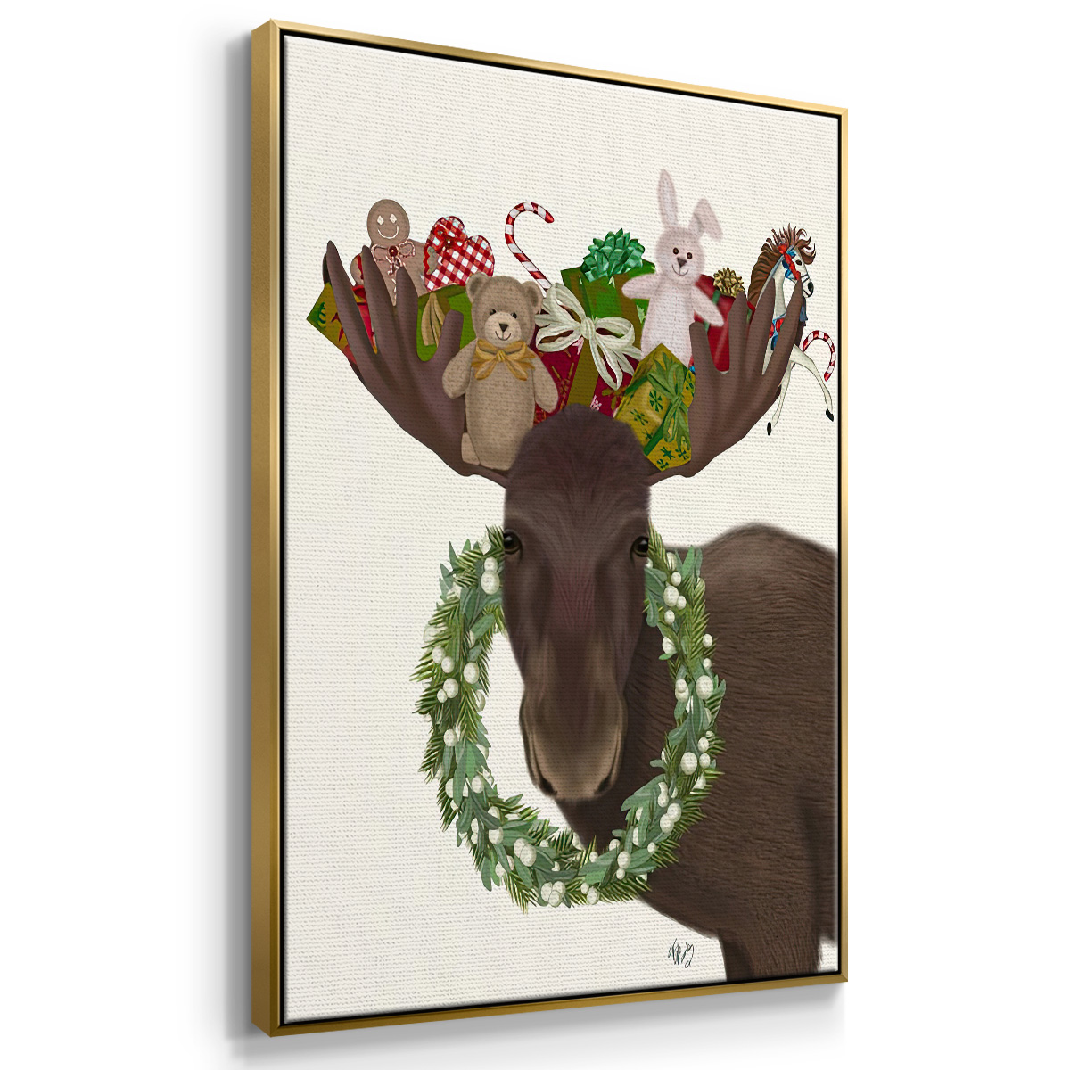 Christmas Moose and Christmas Gifts - Framed Gallery Wrapped Holiday Canvas - 27 x 41 - Gold Frame