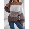 thumbnail image 5 of Women Crochet Knit Casual Color Block Off Shoulder Trendy Sweaters Pullover Lantern Sleeve Warm Tops Coffee M, 5 of 9