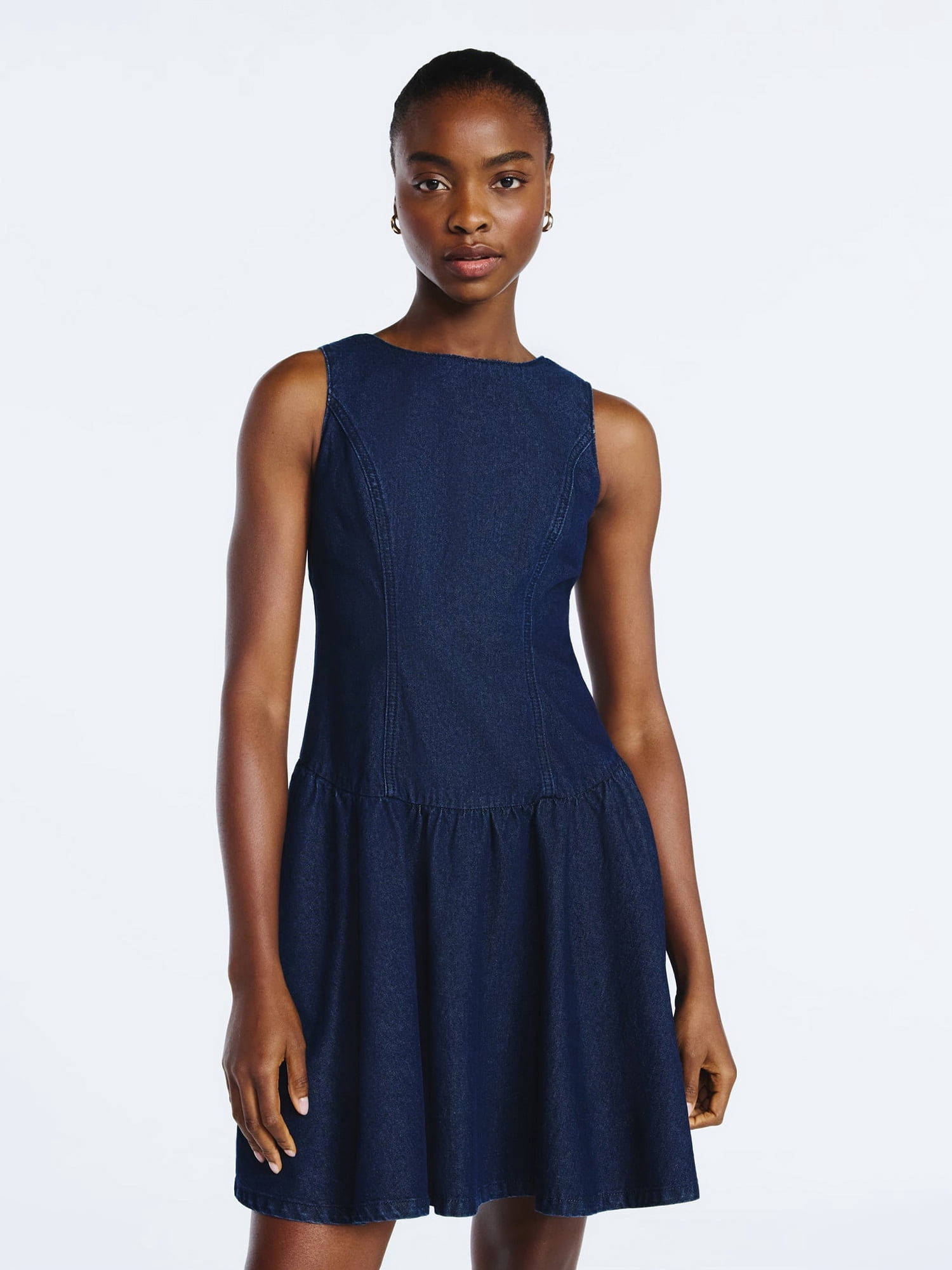 Scoop Women's and Women's Plus Boat Neck Cotton Mini Dress with Drop Waist, Sizes XS-4X