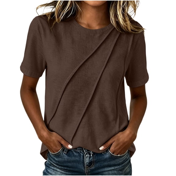Linen Cotton Tops For Women Summer Crew Neck Short Sleeve Solid Polished Beach Vacation Weekend Casual Travel Outfit Daytime Layering Streetwear Daily