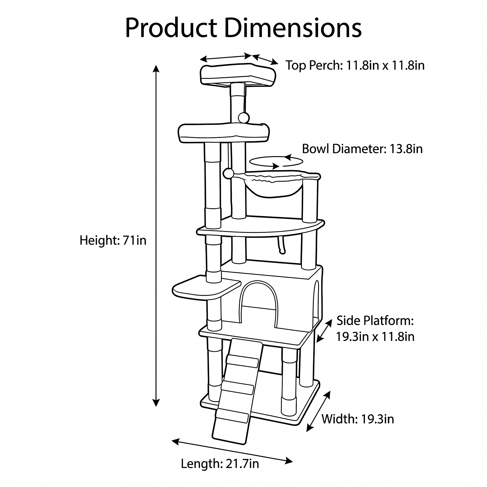 ZephyPaws 71" Tall Cat Tree for Indoor Cats,Multi-Level Cat Tower with Condo, Hammock & Top Perch,Scratching Posts,Light Grey