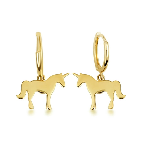 Yellow Gold Unicorn Horse Drop Huggie Hoop Earrings (10K)